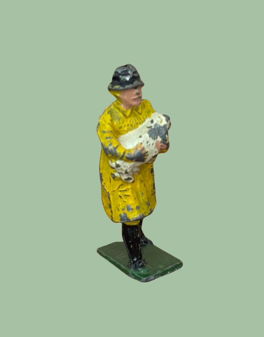 ritish Farmer Carrying Cream Sheep in Yellow Raincoat 1920s Rare Britains Hand-Painted Lead Toy