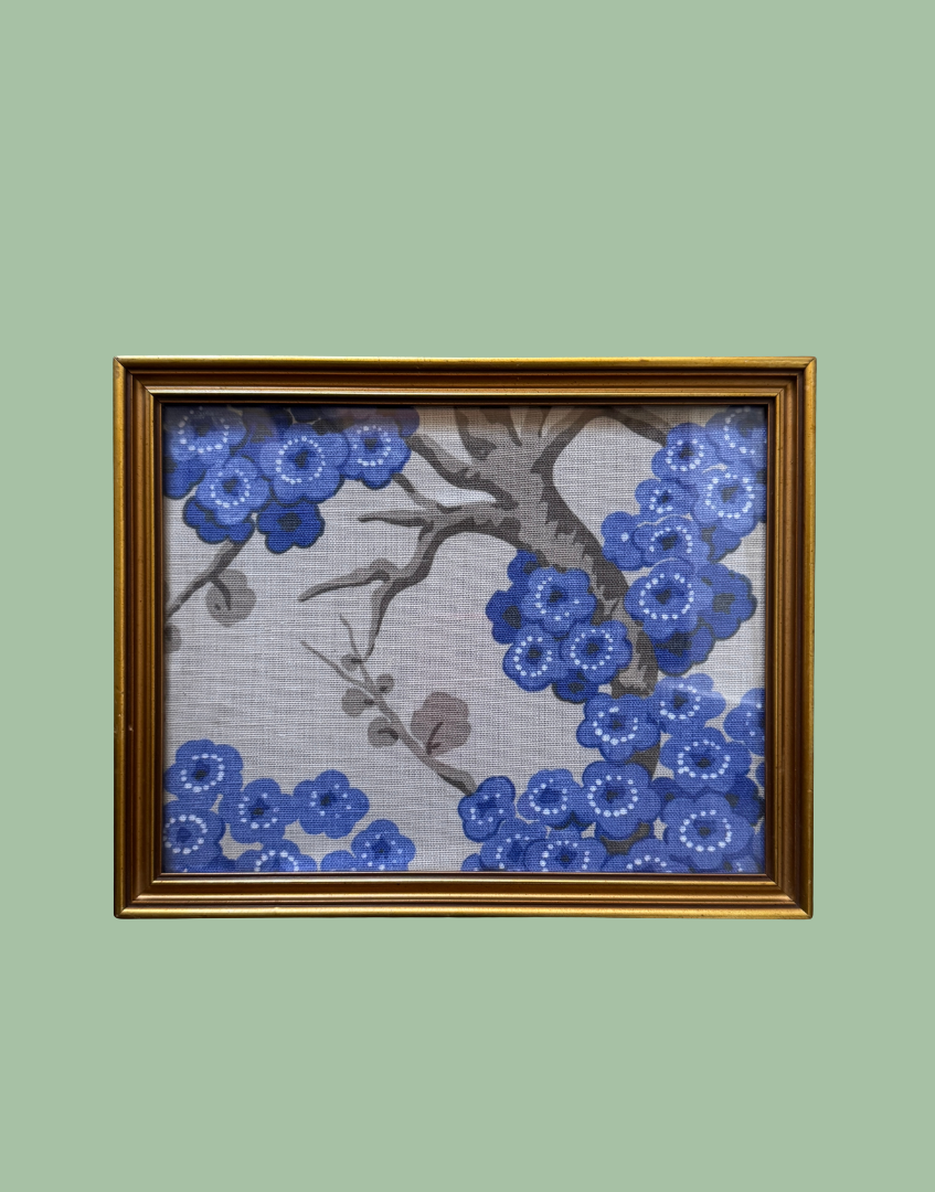 Osborne & Little 'Japonerie' Sapphire Ivory Stone Linen Floral Print in Vintage Gold Frame