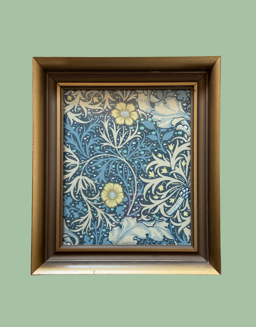 William Morris Seaweed framed wall art in vintage gold wood frame portrait orientation