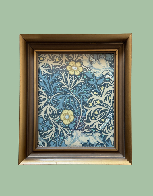 William Morris Seaweed framed wall art in vintage gold wood frame portrait orientation