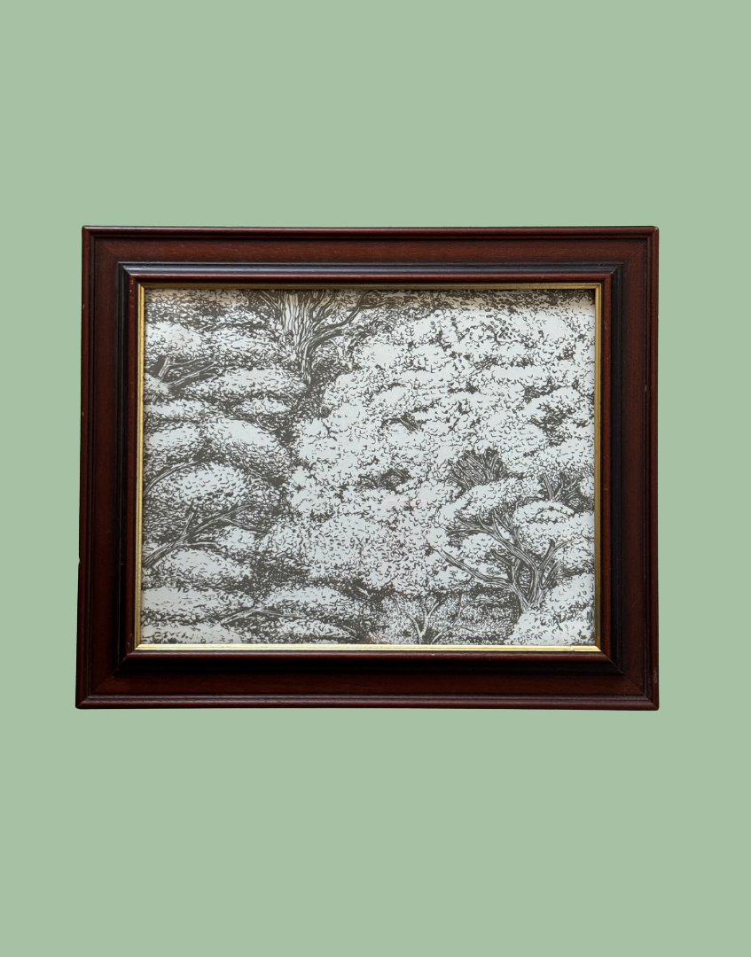 Sanderson 'Woodland Toile - Charcoal & Cream' Print in Vintage Dark Wood & Gold Frame