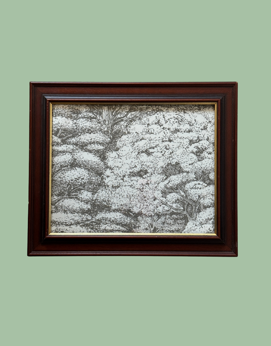 Sanderson 'Woodland Toile - Charcoal & Cream' Print in Vintage Dark Wood & Gold Frame