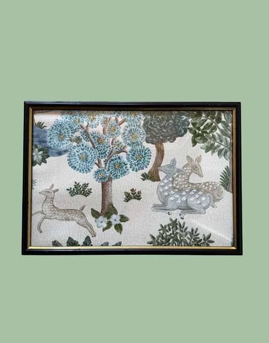 Sanderson 'Caspian - Cream & Nettle' Unique Deer Woodland Wall Art in Black & Gold Frame