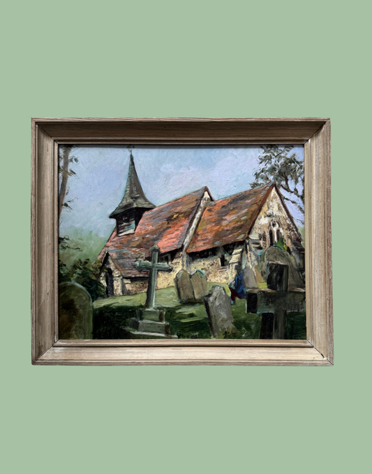 Peter Clarke Original Pen & Oil Painting of St Nicholas's Church, Pyrford, Surrey 