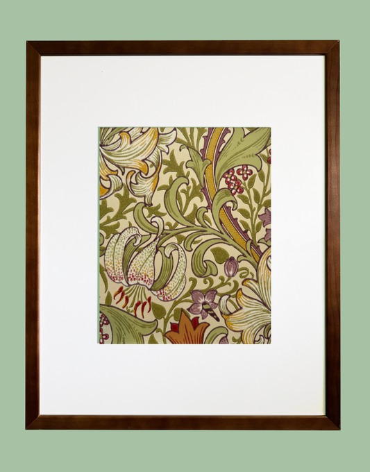 Golden Lily (Olive & Russet) William Morris Framed Wall Art with Original Wallpaper Sample