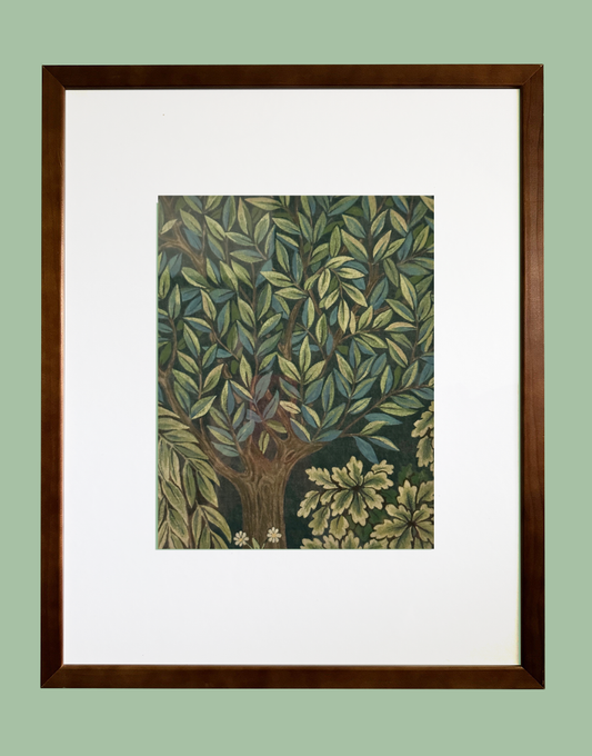 Classic dark wood framed William Morris print of tree and foliage from Williwm Morris design 'The Brook'