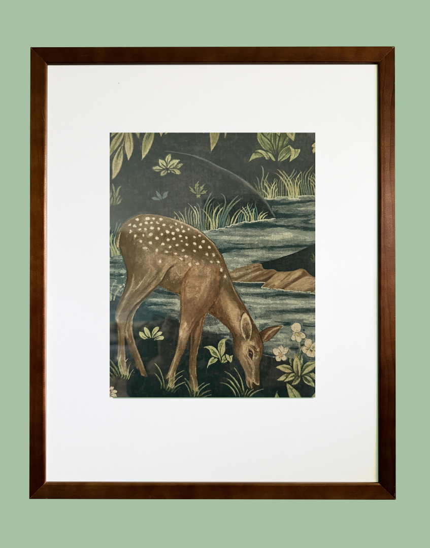 Traditional Wood Framed Print - William Morris ‘The Brook - Indigo' Featuring a Serene Woodland Scene of a Deer Grazing By a Brook
