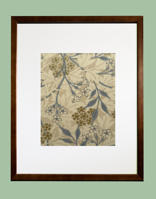 ‘Jasmine – Ecru & Woad’ Morris & Co. Vintage Design Framed in Brown Wood with White Mount
