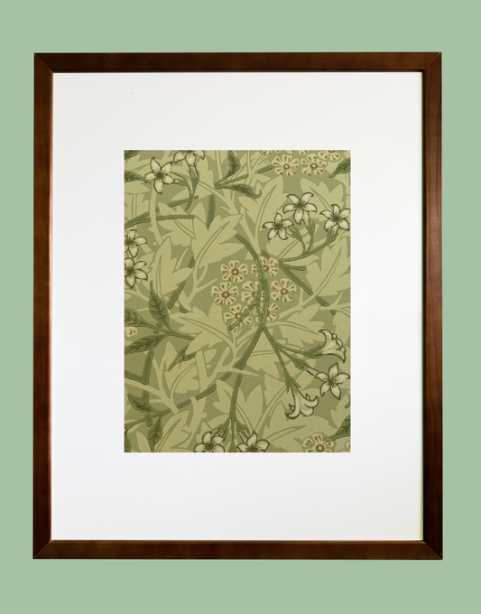 Framed Print of William Morris ‘Jasmine - Sage & Leaf' in Classic Dark Wood Frame