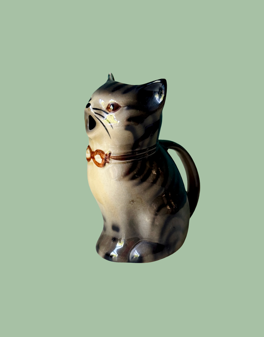 Characterful Tony Wood Staffordshire Pottery Grey Tabby Cat Milk Jug Creamer