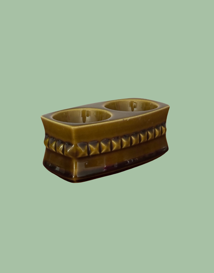Art Deco Glazed Pottery Twin Egg Cup in Olive & Mustard Glaze 