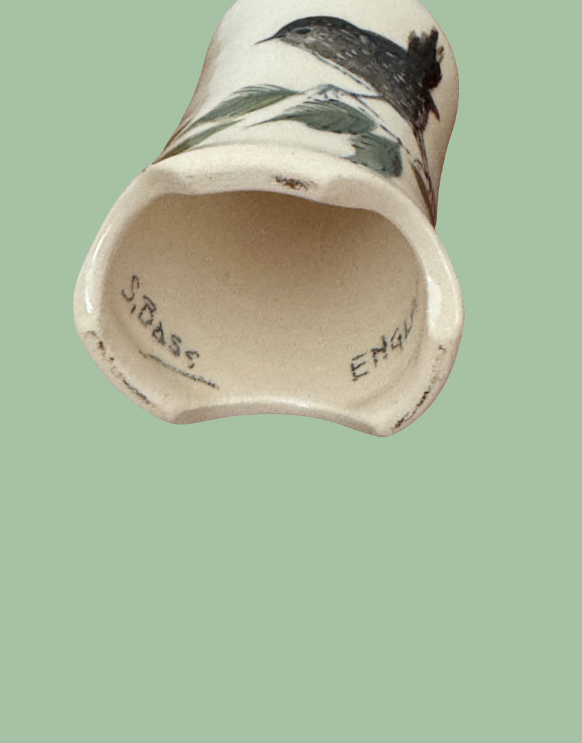Close Up of Stuart Bass Wren & Foliage Pie Funnel Underside Pottery Stamp