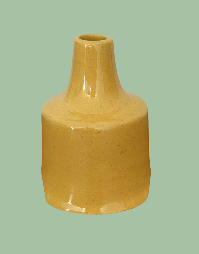 Vintage Nutbrown mustard yellow ceramic pie funnel with glossy glaze.