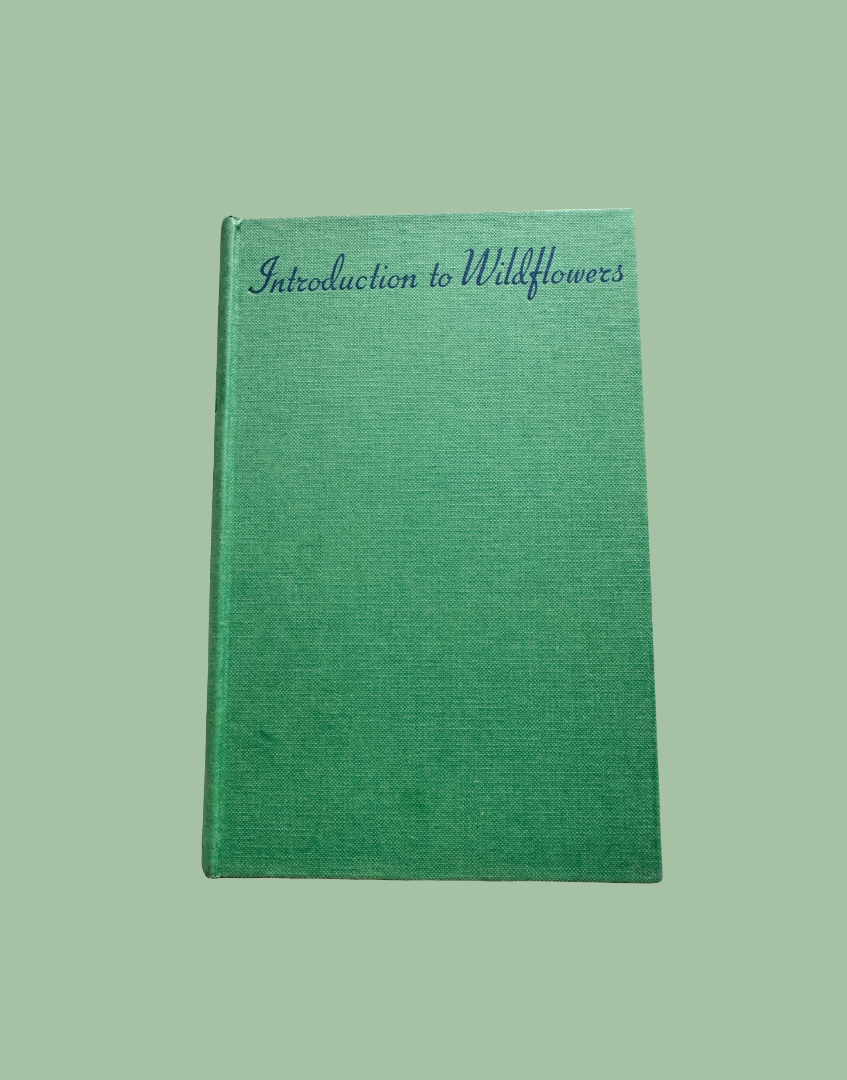 A vintage hardcover book titled 'Introduction to Wildflowers' with a textured green cover and blue script lettering, set against a solid sage green background.