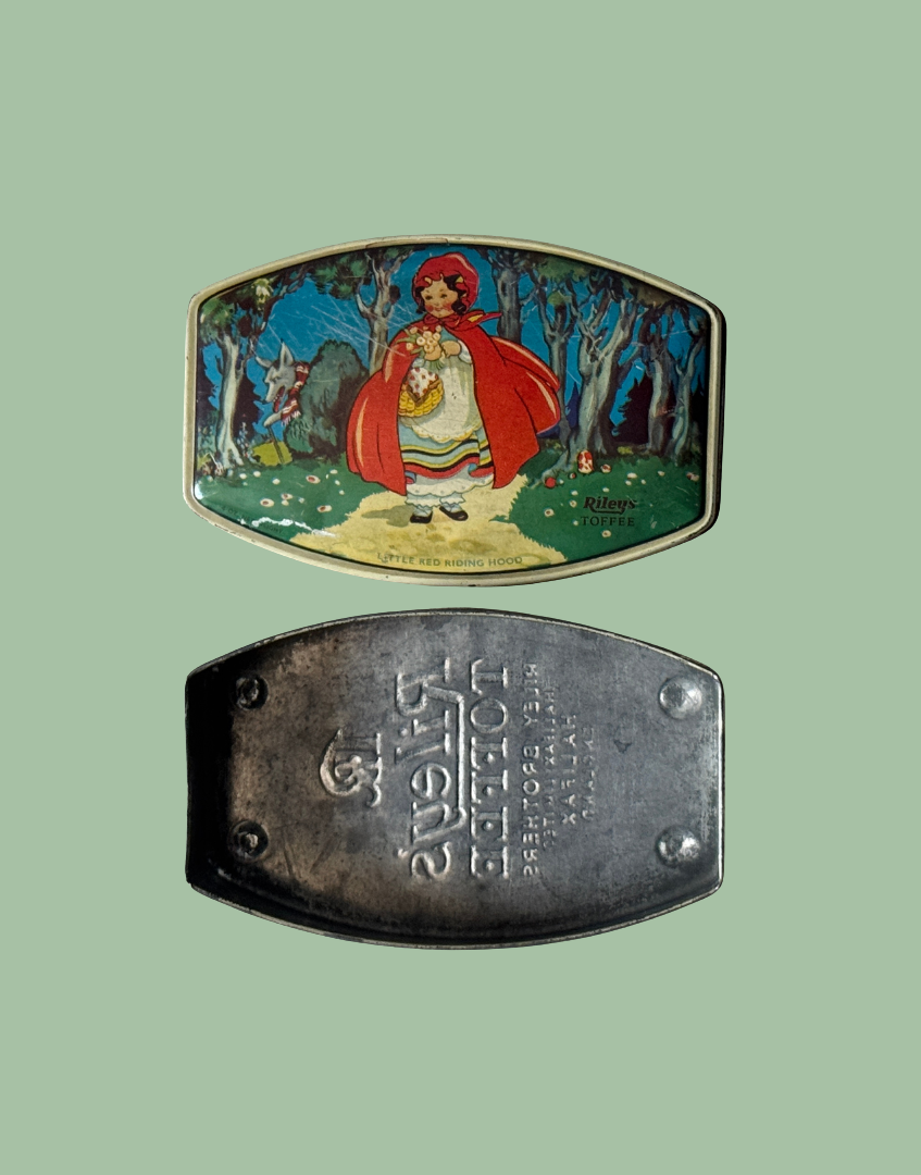 1930s Rileys Toffee tin shown with lid and base side by side displaying original vintage advertising design and red trim detail
