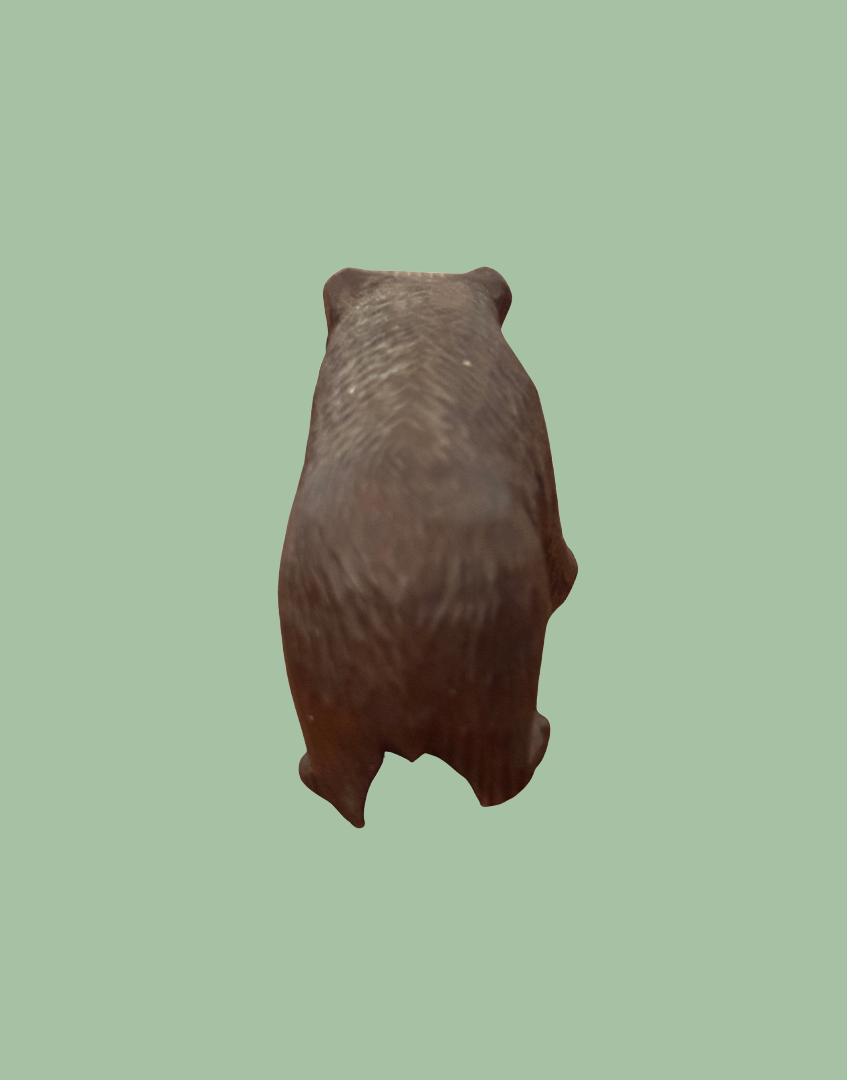 A brown carved wooden bear figurine shown from the back against a solid light green background.
