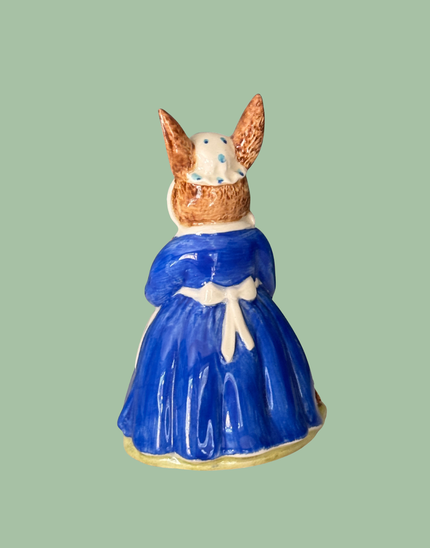Reverse view of British Pottery Royal Doulton Mrs Bunnykins “Clean Sweep” DB6  Beatrix Potter Rabbit Figurine, 1972