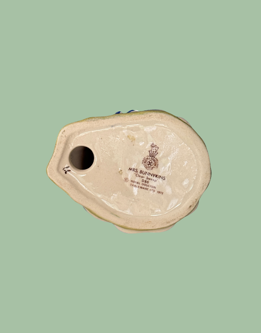 Base of Royal Doulton Mrs Bunnykins “Clean Sweep” DB6  Beatrix Potter Rabbit Figurine, 1972 showing maker stamp