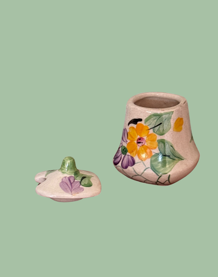 Hand painted pretty floral condiment pot with lid to the side