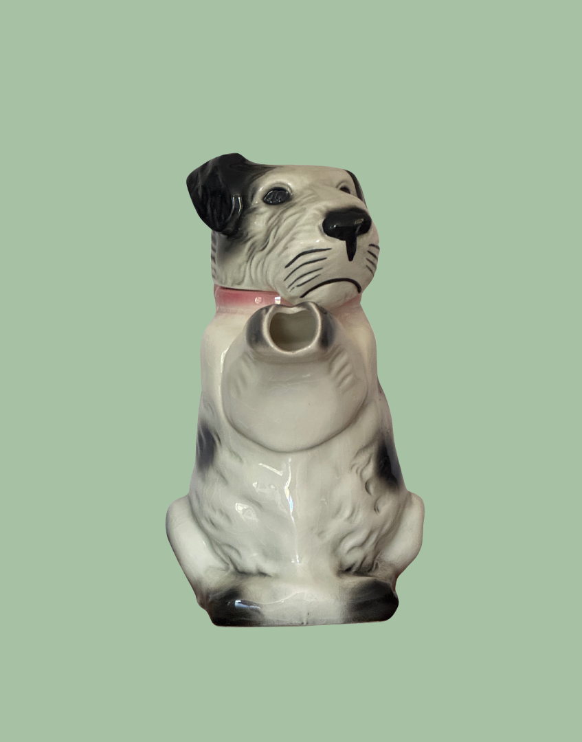 Front Facing View of Collectable Black and White Scottie Terrier with Pink Bow Teapot