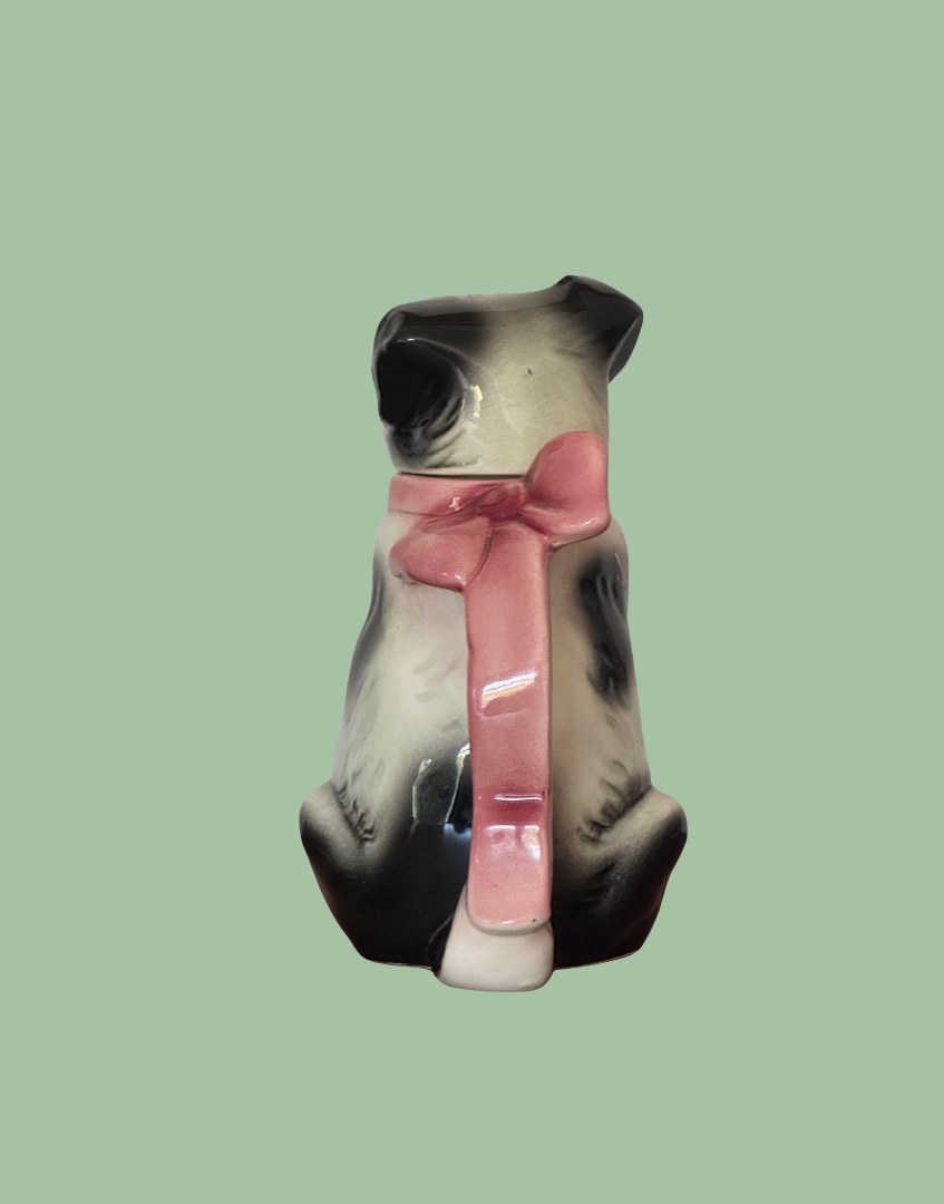 Back View of  Black and White Scottie Terrier Tea Pot with Pink Bow Handle