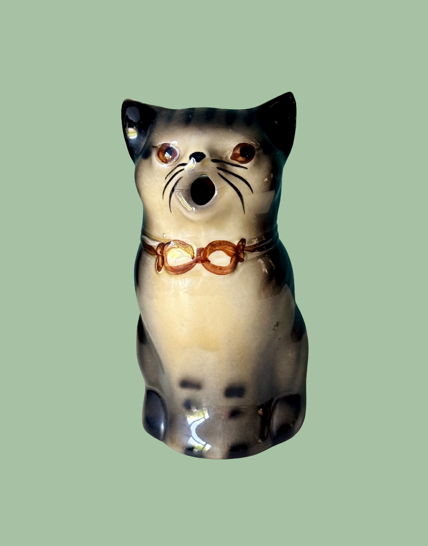 Front Facing View of Vintage Tony Wood Staffordshire Pottery Cat Milk Creamer Collectible