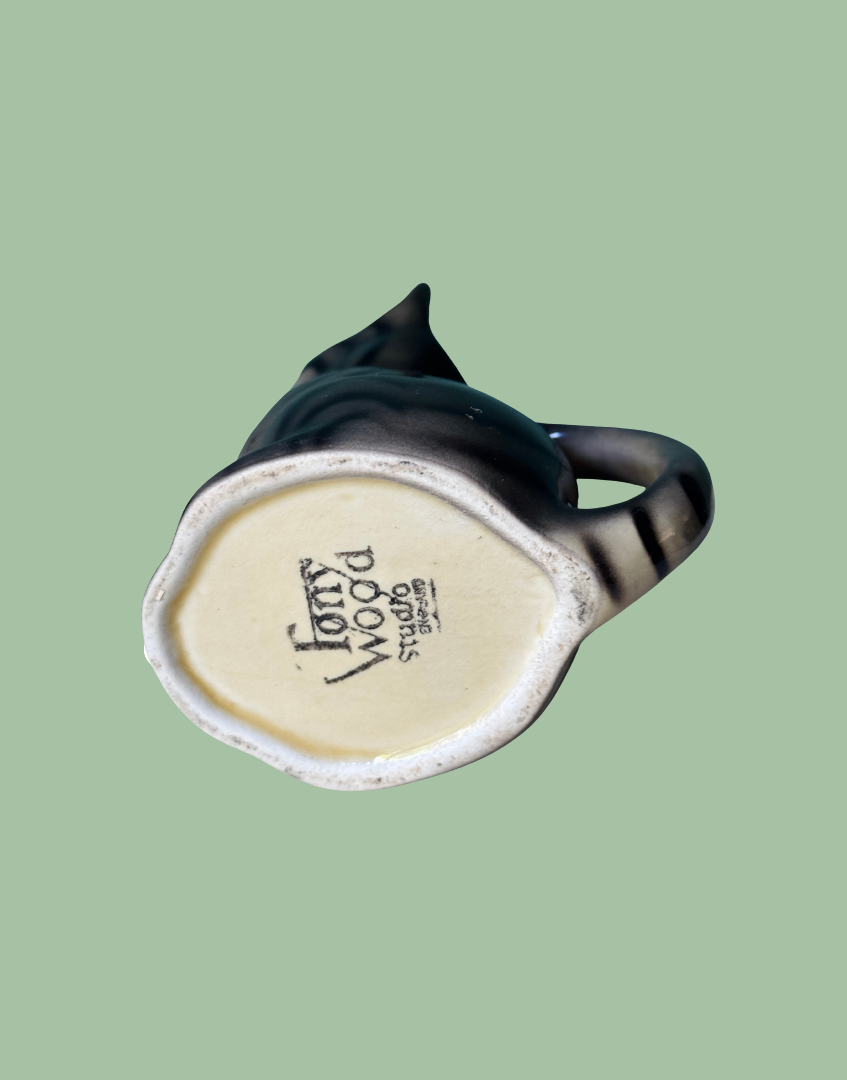 Tony Wood maker stamp on base of characterful tabby cat ceramic milk jug