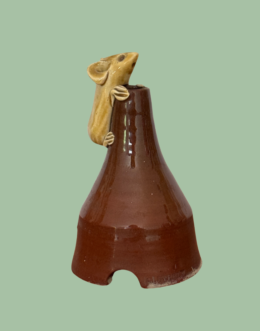 Brown Pottery Pie Funnel With Beige Mouse Farmhouse Kitchen Collectable