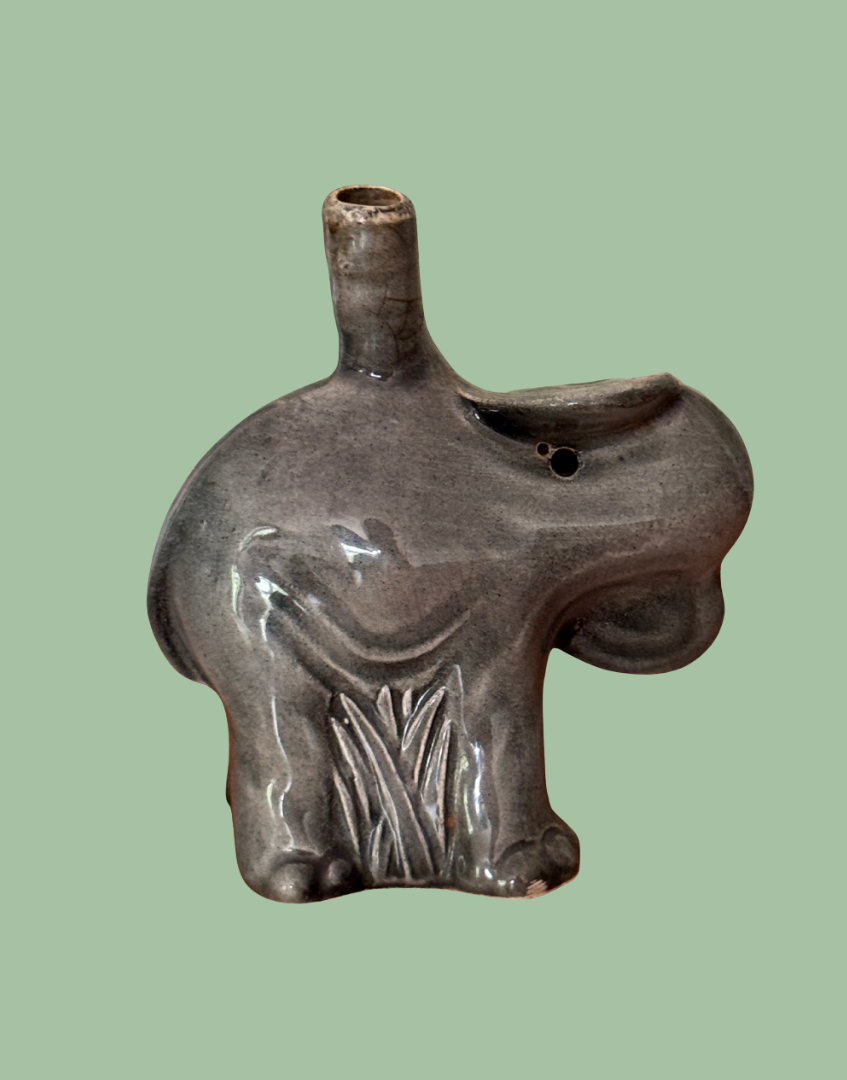 Reverse side view of grey Nutbrown glossy ceramic vintge pie funnel