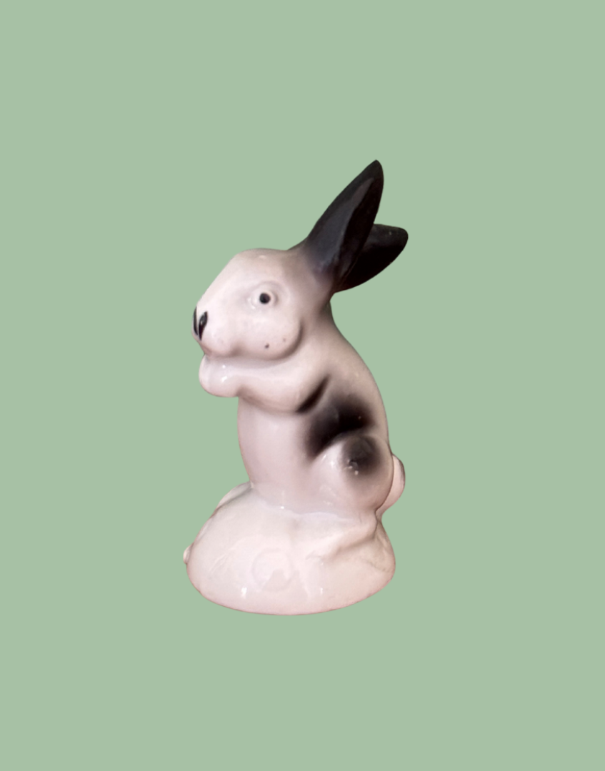 Rare 4cm Miniature Vintage Black & White Hand-Painted Ceramic Rabbit Figurine