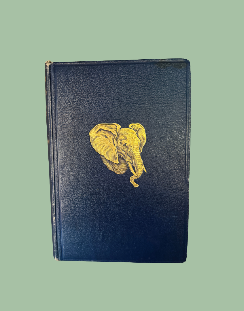 Antique 1927 Natural History Animals book with navy blue leather binding and gilt elephant cover detail