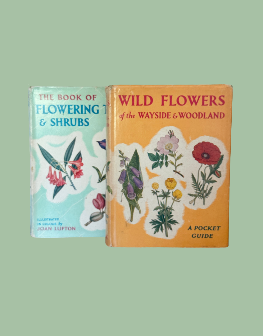 Two vintage books one titled 'The Book of Flowering Shrubs' and the other 'Wild Flowers of the Wayside & Woodland'.