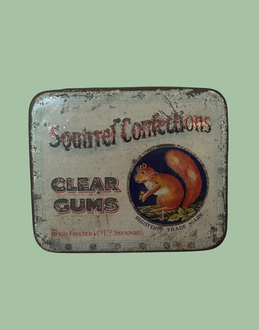 1930s Stockport Confectionery Collectable White Tin with Gold Typography and Vinage Squirrel Illustration