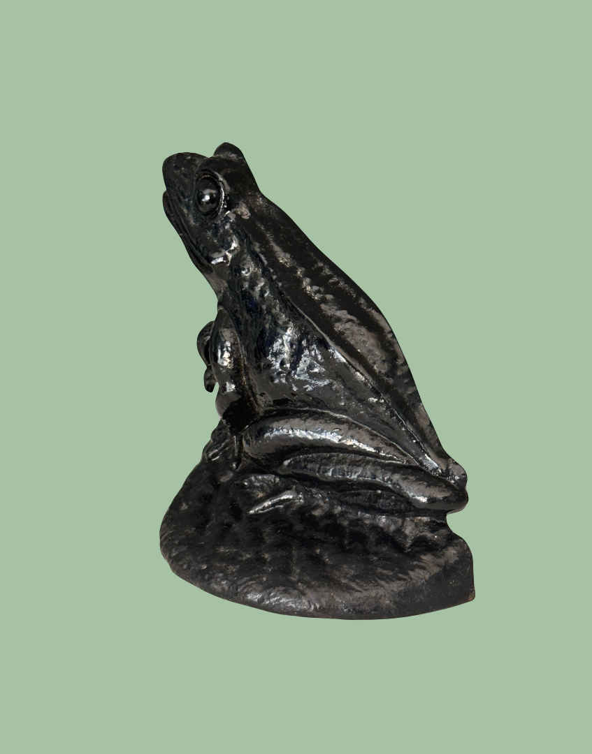 Black vintage frog doorstop side view heavy cast iron homeware piece