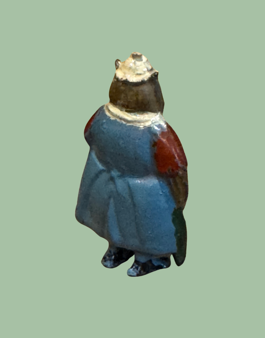 Rare Collectable Vintage 1930s Lead Owl Toy in Blue Dress and White Hat 
