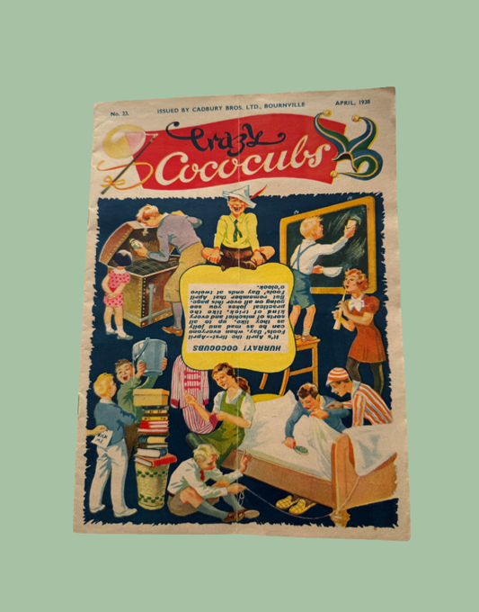 Vintage April 1958 issue of English Cocobugs magazine, featuring a colorful illustrated cover with children and a yellow title banner.