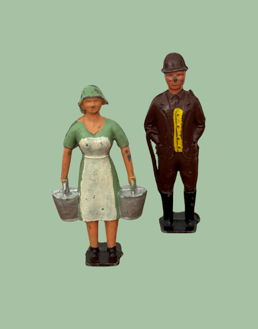 two antique hand painted lead diorama britains farm figures