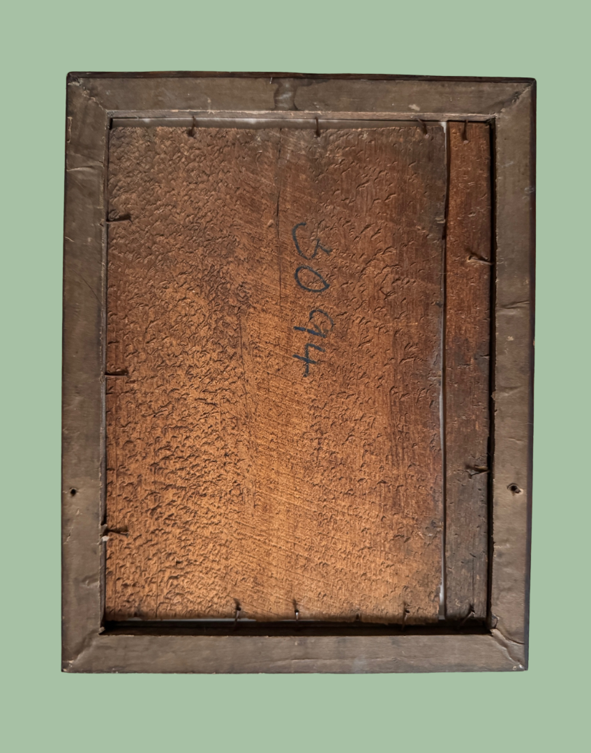 The back of a square framed artwork, showing a textured brown canvas or wood panel surrounded by a dark brown wooden frame, with handwritten numbers '3094' on the canvas, set against a solid sage green background.