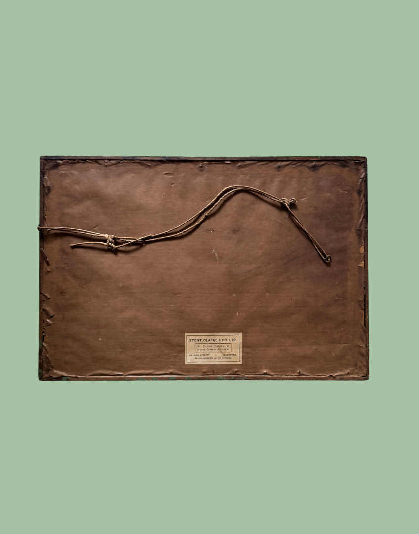 The back of a vintage framed artwork, showing a brown paper backing with a hanging cord and a small paper label reading 'FREDERICK B. HENKELS & CO.