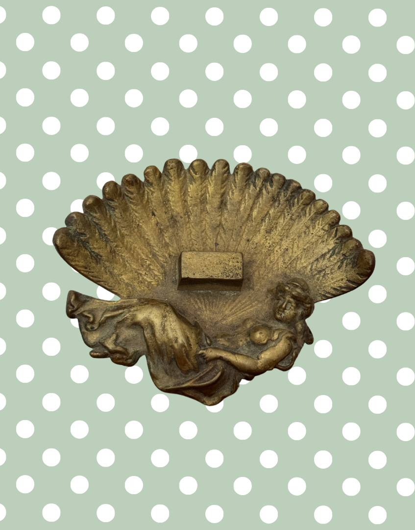 Collectable Antique Art Nouveau Brass Dish | Fan Shaped with Reclining Muse Trinket Tray or Decorative Ashtray
