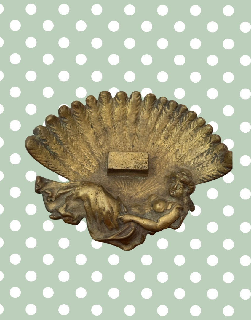 Collectable Antique Art Nouveau Brass Dish | Fan Shaped with Reclining Muse Trinket Tray or Decorative Ashtray