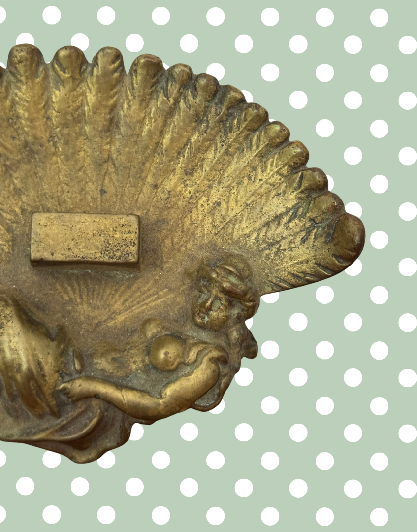 Collectable Antique Art Nouveau Brass Dish | Fan Shaped with Reclining Muse Trinket Tray or Decorative Ashtray
