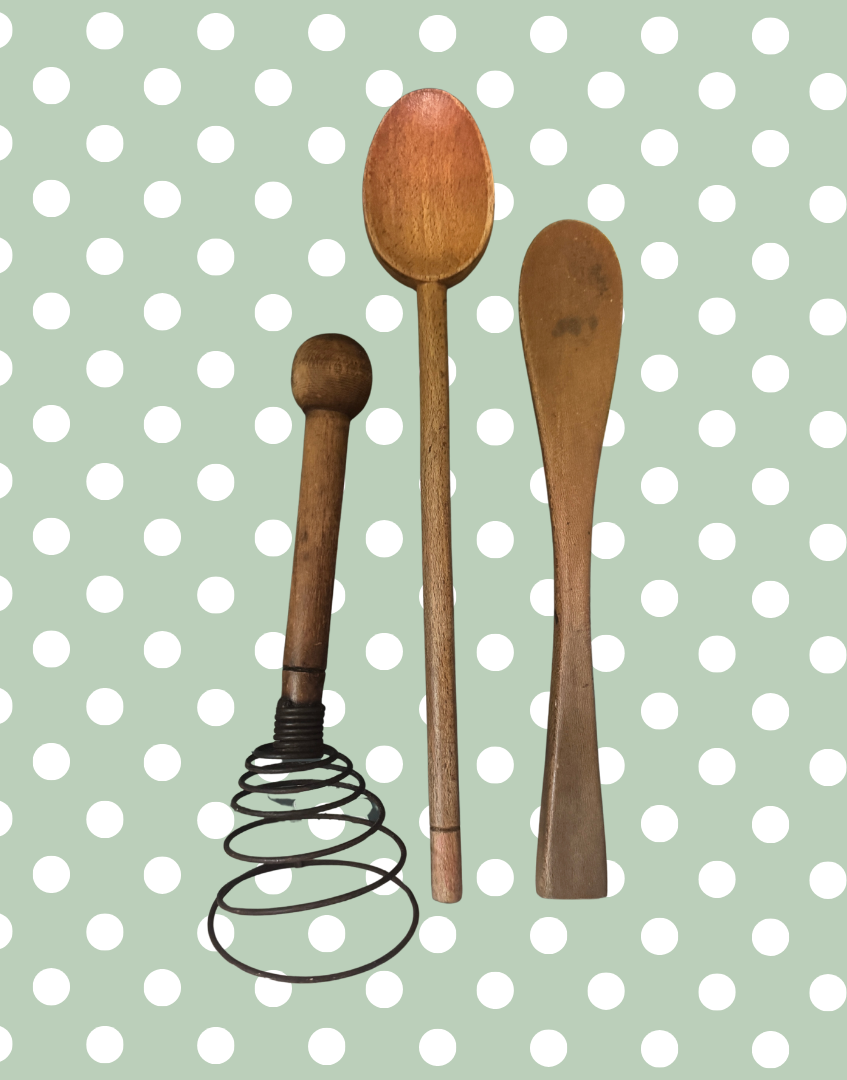 Antique Wooden Kitchen Utensils Trio of Coil Whisk, Cooking Spoon and Spatula | Perfect Mid-Century Styling Props