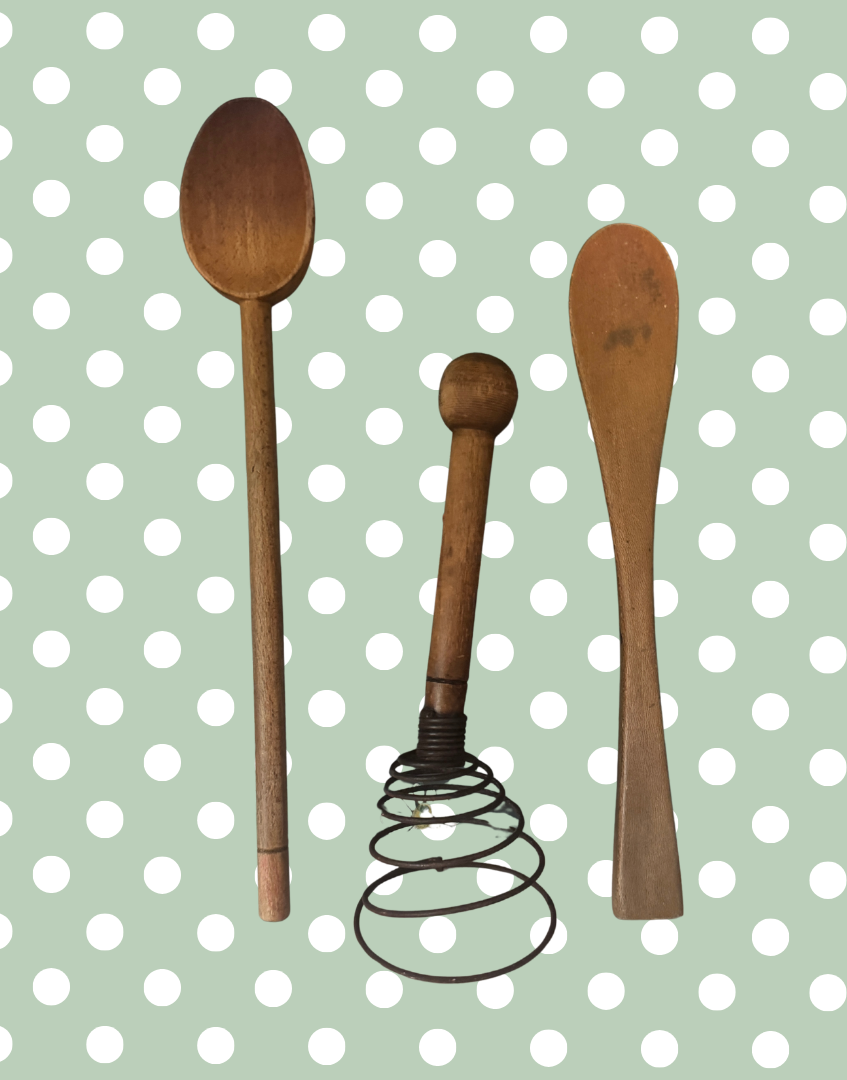 Antique Wooden Kitchen Utensils Trio of Coil Whisk, Cooking Spoon and Spatula | Perfect Mid-Century Styling Props