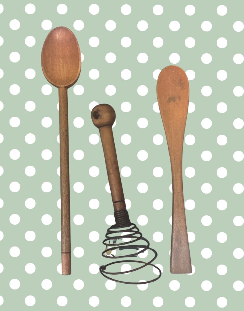Antique Wooden Kitchen Utensils Trio of Coil Whisk, Cooking Spoon and Spatula | Perfect Mid-Century Styling Props