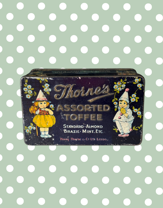 Whimiscal 1930s Thorne’s of Leeds Assorted Toffee Tin | Vintage Confectionery Advertising | Dark Quirky Nursery-Style Graphics