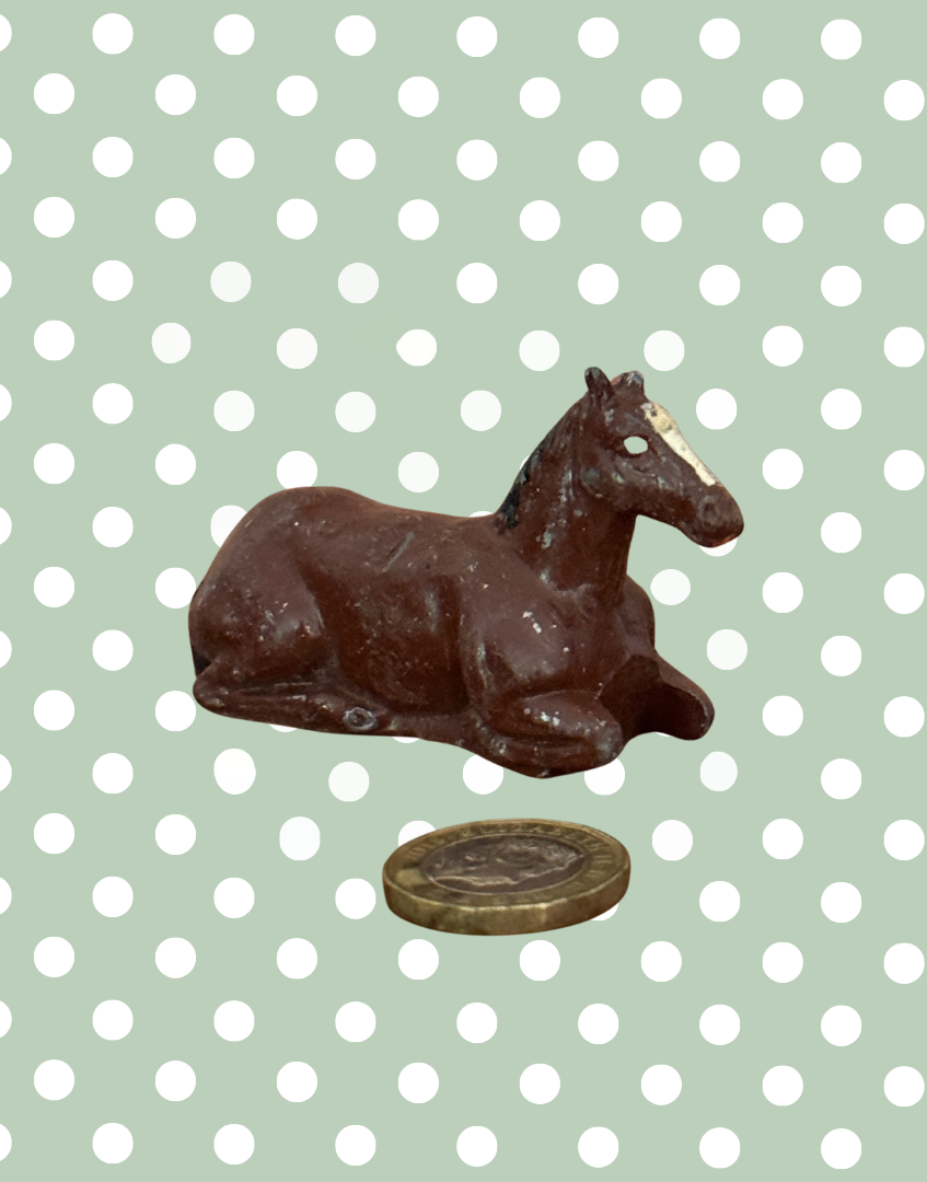 Charming Medium Chestnut Brown Lying Foal | 1920s John Hill & Co Lead Farm Toy Collectible