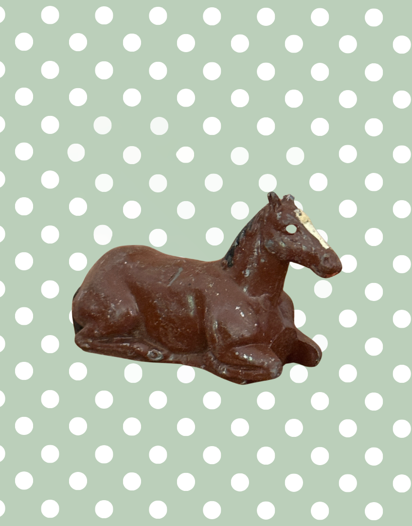 Charming Medium Chestnut Brown Lying Foal | 1920s John Hill & Co Lead Farm Toy Collectible