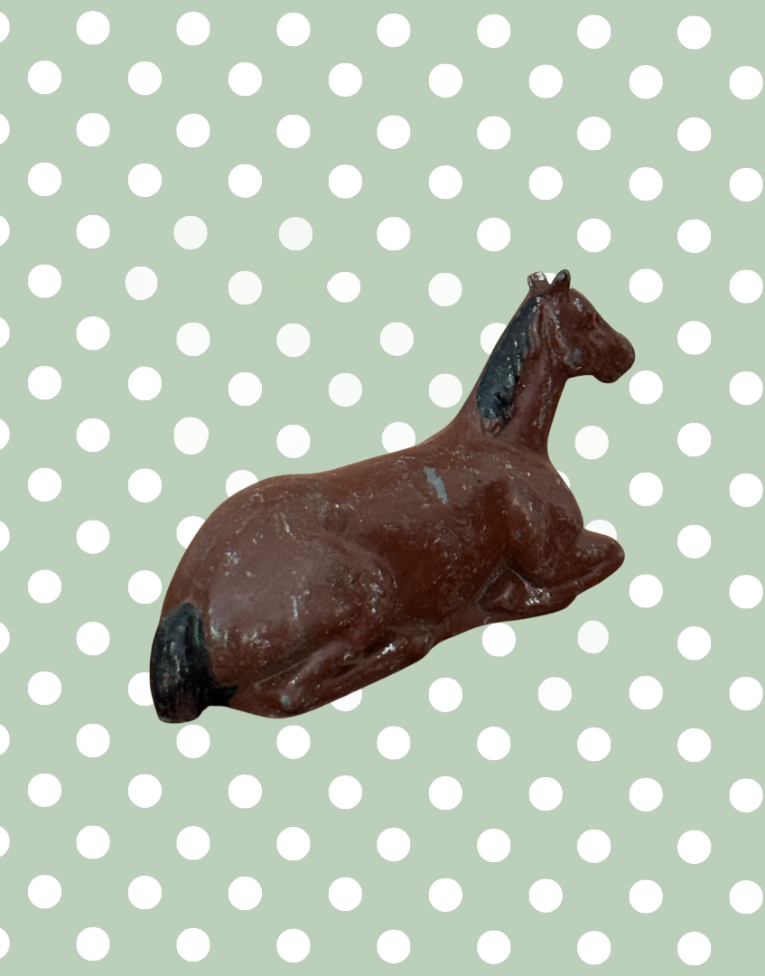 Charming Medium Chestnut Brown Lying Foal | 1920s John Hill & Co Lead Farm Toy Collectible
