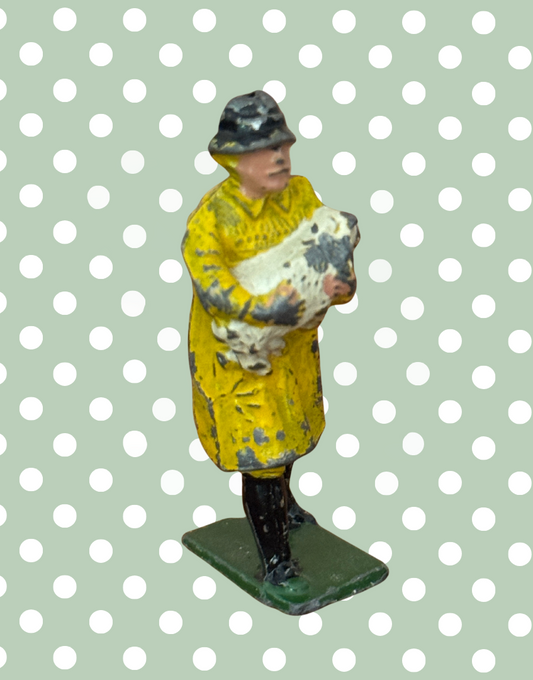 British Farmer Carrying Cream Sheep in Yellow Raincoat | 1920s Rare Britains Hand-Painted Lead Toy